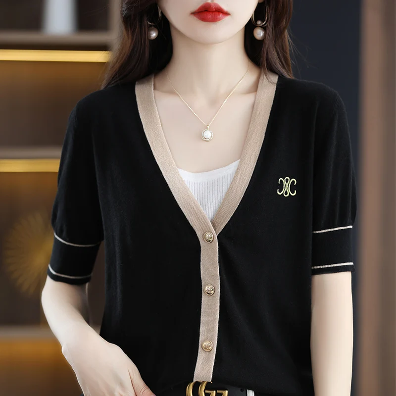 

Superfine Worsted Wool Short Sleeve Women's V-Neck Cardigan Casual Knit Colorblock Embroidery Top Spring Summer Thin Jacket