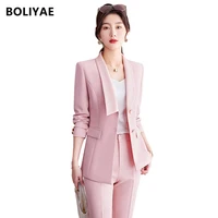 woman slim fit blazer spring autumn elegant female solid matching sets v neck casual office two piece set lady outfits uniform