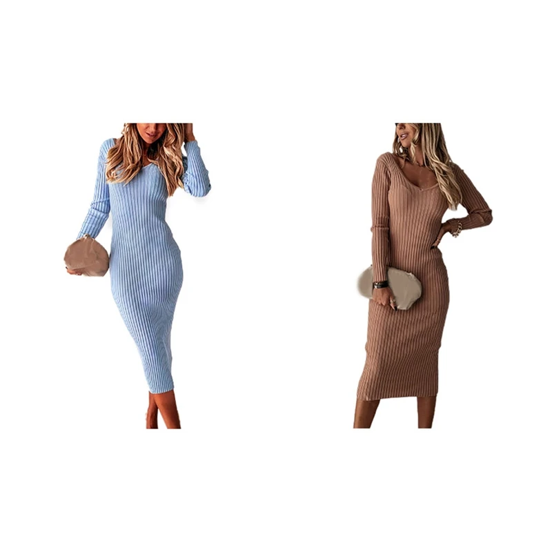 

Женское модное повседневное однотонное платье в рубчик с глубоким вырезом и V-образным вырезом, облегающее платье с длинным рукавом, синего ...