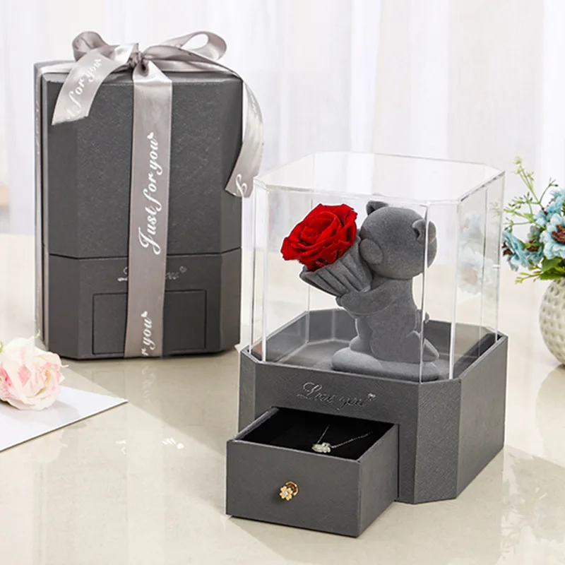 

Acrylic Bear Hug Rose Send to Mom Girlfriend Wife Immortal Flower Dried Confession Bear Wedding Birthday Necklace Lipstick Gift