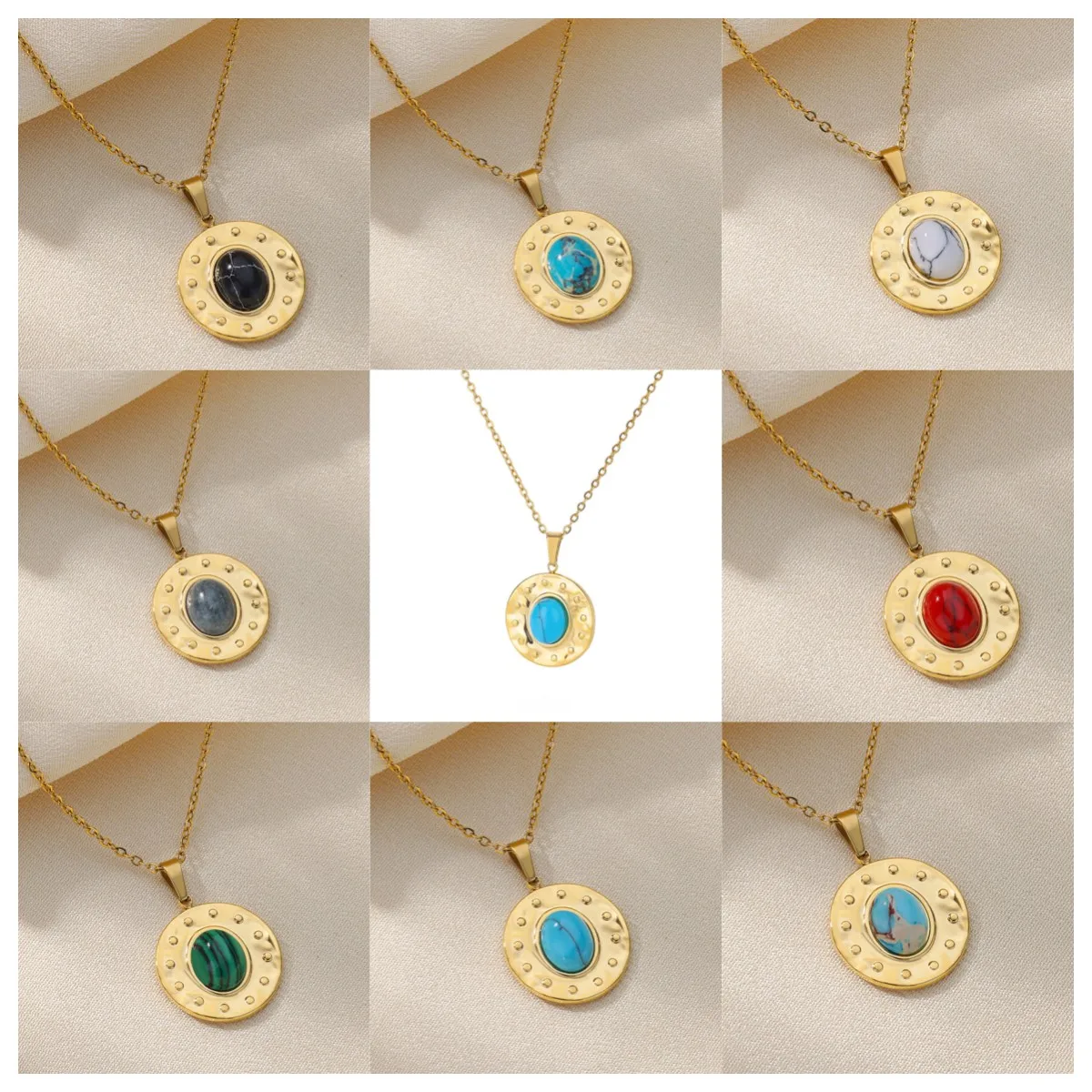 

Stainless Steel Pendant Necklace For Women Round Green Natural Stone Accesorios Jewelry Gold Color Chain Birthday Gift 2023 New