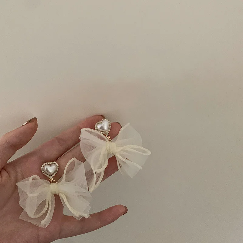S925 silver needle Korean pearl diamond love lace bow earrings super fairy fresh earrings design earrings