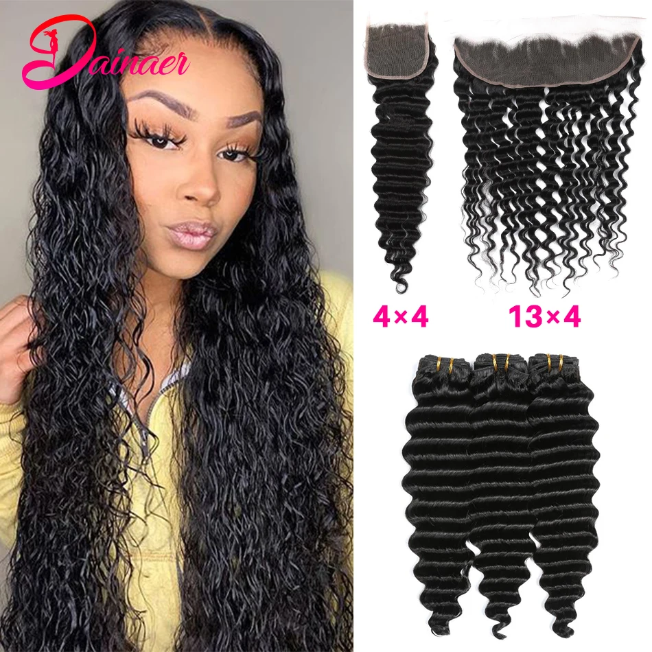 Malaysia Deep Wave Hair 13x4 Frontal With Bundles 100% Human Hair Extensions Deep Wave Human Hair Bundles With 4x4 Lace Closure