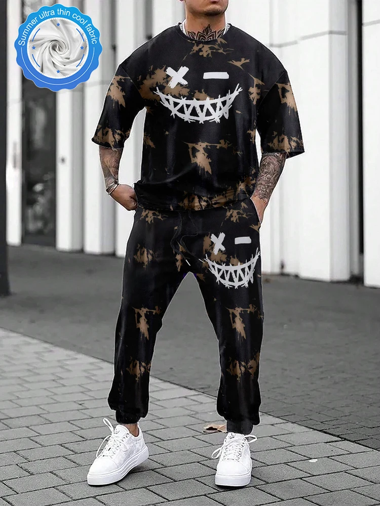 Мужская Летняя одежда с коротким рукавом и брюки мужская в простом стиле принтом