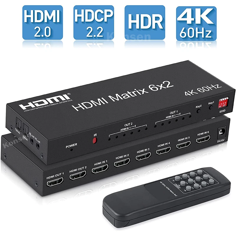 6x2 HDMI Matrix Switch 4K 60Hz HDMI Matrix 6 in 2 out Video Switcher Splitter with optical R/L Audio Extractor for PC Loptop TV