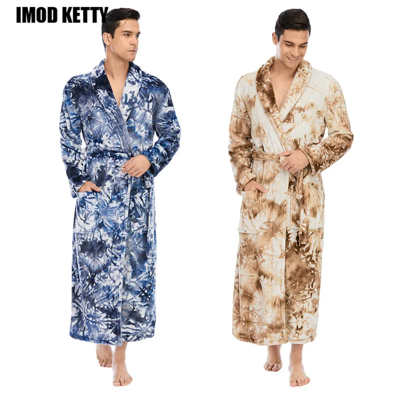 

Men's Winter Pajamas Bathrobe Thick Warmth Long Sleeved Nightgown Sleepwear Autumn Flannel Pyjamas Home Clothes Tie-dye Pijama