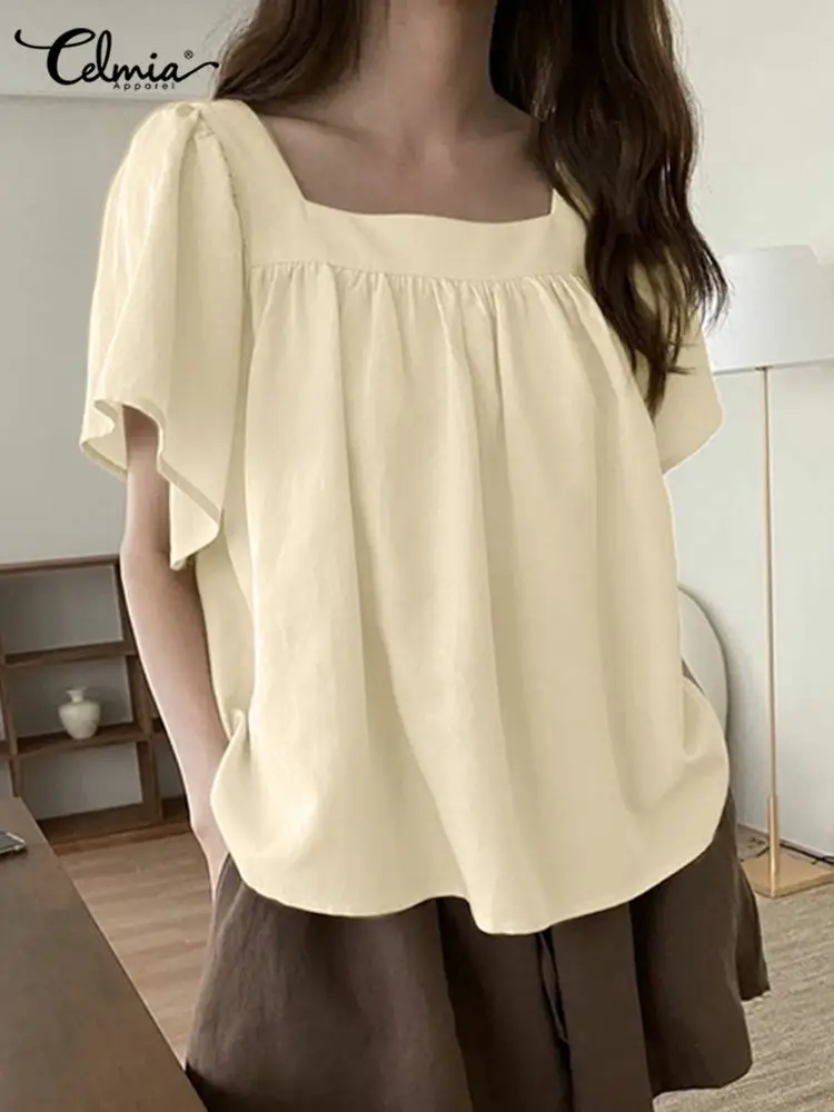 

Celmia Women All-match Tops Fashion Holiday 2022 Summer Pleats Blouses Casual Loose Stitching Square Collar Shirts Solid Tunics