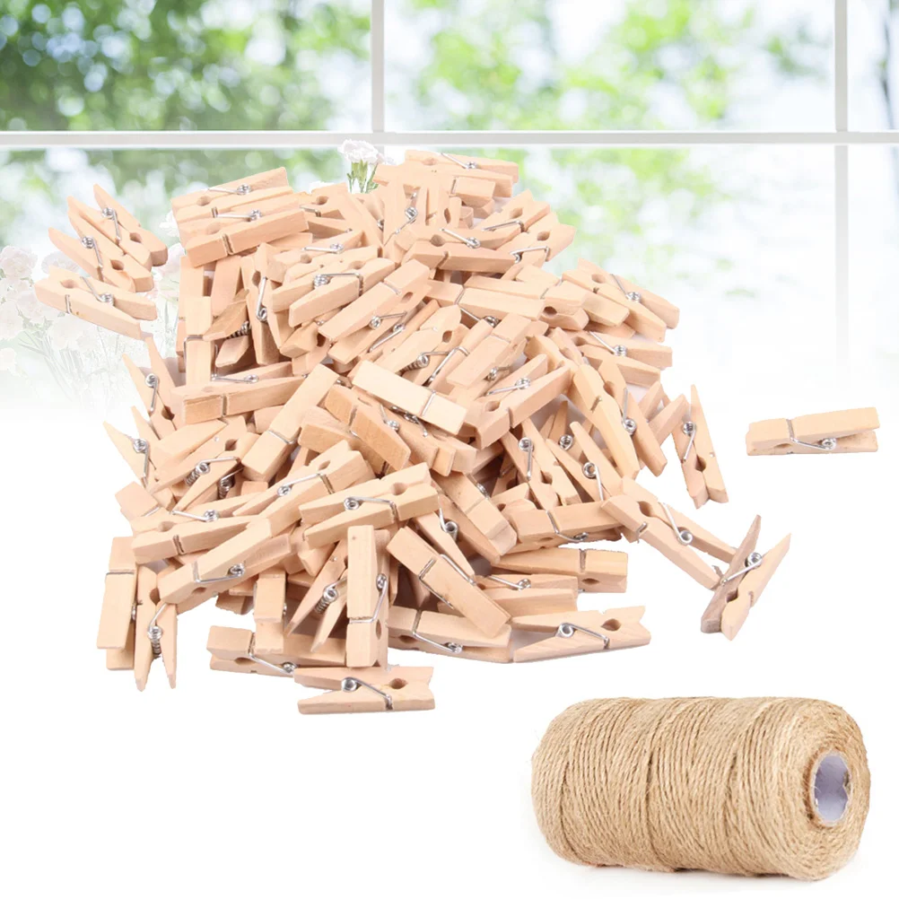 

100Pcs Mini Wooden Clothespins Pegs Photo Clips with Jute Twine for Crafts Scrapbooking DIY Home Decoration