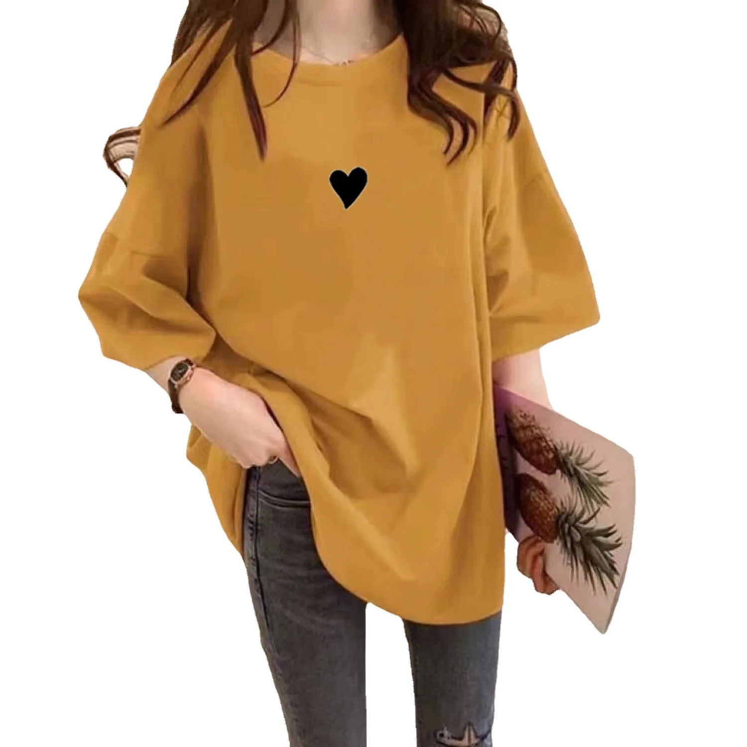 

Korean Style Female T-Shirt Cartoon Heart Printed Casual O-Neck Oversized T Shirt Women Tops Harajuku Simple Tee Shirt Feminina