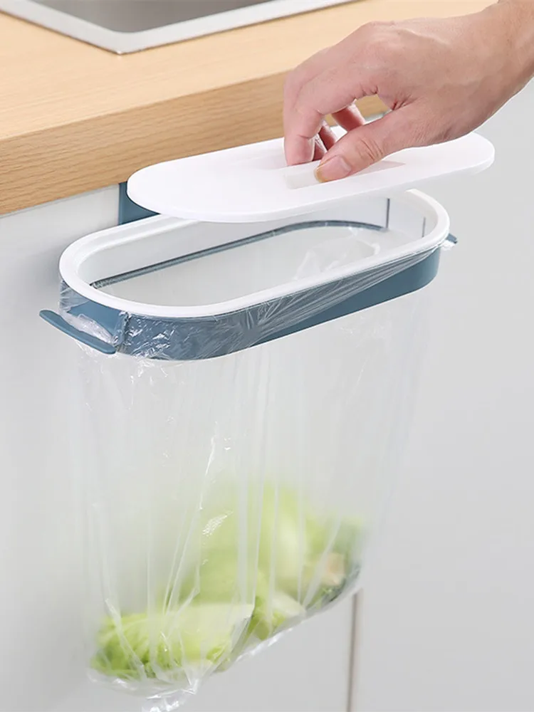 Portable Plastic Garbage Bag Holder Cabinet Door-back Hanging Trash Storage Rack Hook Scouring Pad Dry Shelf Kitchen Organizer