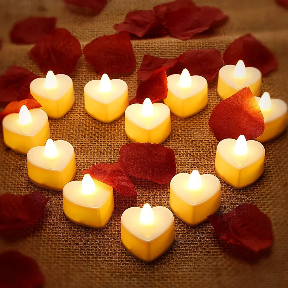 Купи 24Pc Heart Shape LED Tealight Love Flameless Romantic Candle with 100Pc Silk Artificial Petals for Valentine's Day Wedding Decor за 817 рублей в магазине AliExpress
