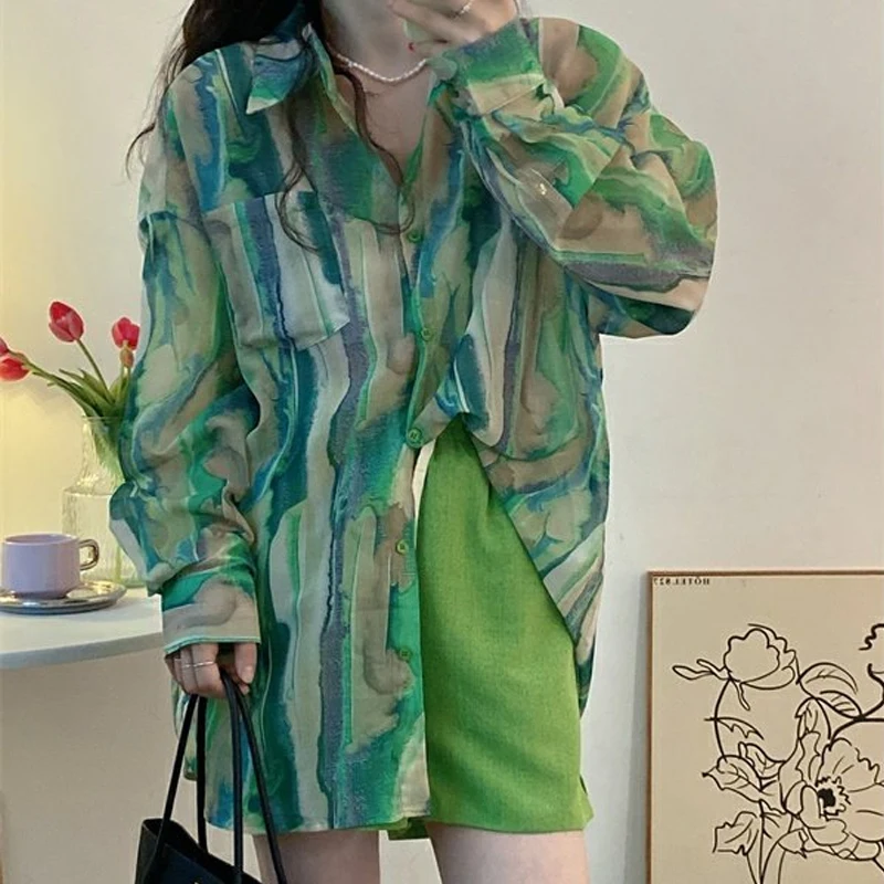 

Summer Turn Down Collar Thin Shirt Retro Chic Pocket Tops Casual Long Sleeve Sunscreen Clothes Green Striped Print Blouse 27602