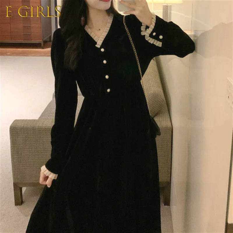 

E GIRLS Elegant Vintage Dress Women Long Sleeve Solid Party Dress Female V-Neck Lace Midi Gothic Dress Autumn 2020 Office Lady