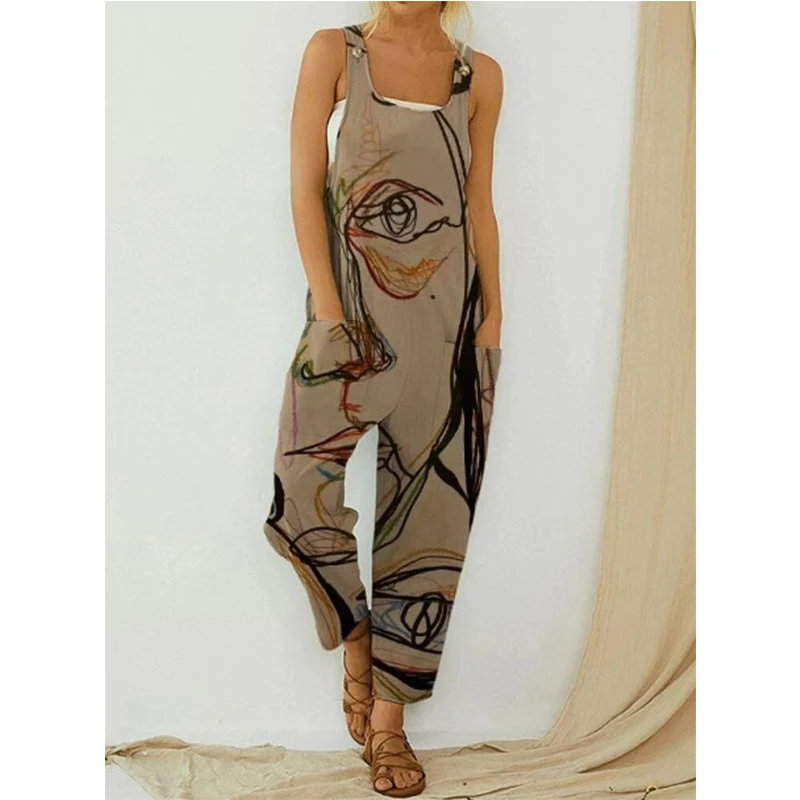 Floral Print Women's Jumpsuits Casual Fashion Abstract Bib Overalls Loose Wide Leg Streetwear Rompers Harajuku Vintage Summer