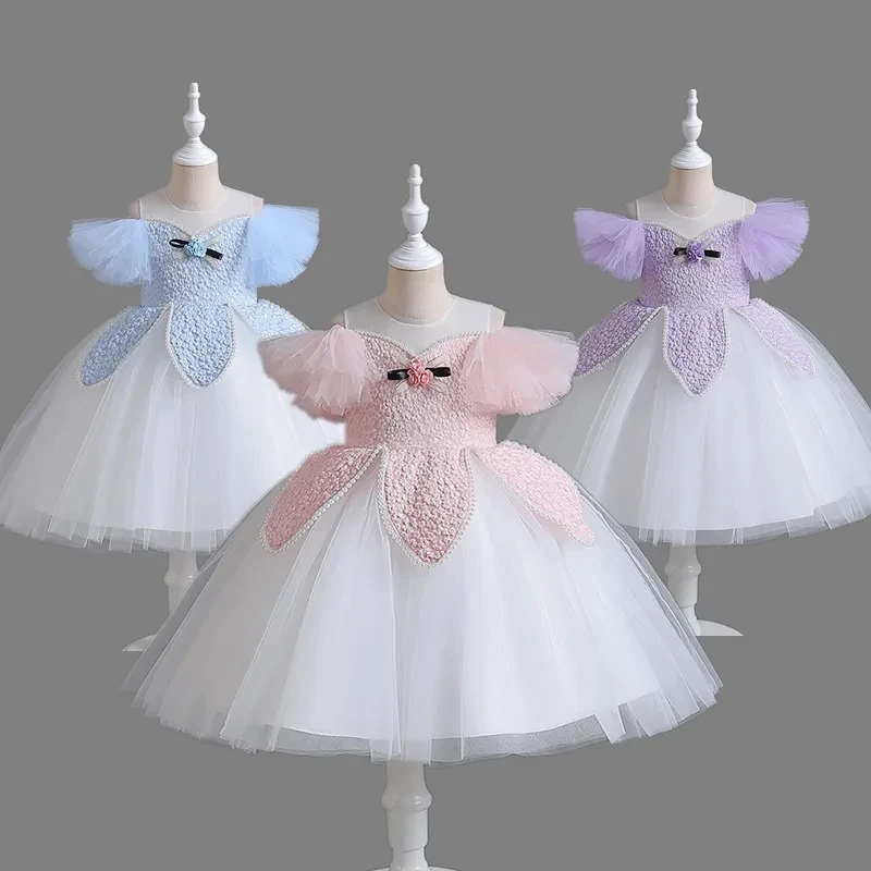 

Новинка 2023, детское дневное платье для девочки, свадебное платье с жемчугом и бантом на день рождения, платье для девочки с цветочным рисунком, украшенное бисером, детское платье принцессы для крещения