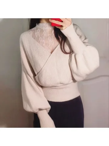 Винтажный кружевной пуловер Neploe в стиле пэчворк с воротником средней длины, вязаные топы с открытыми плечами и штабелируемыми рукавами, японские свободные милые женские топы