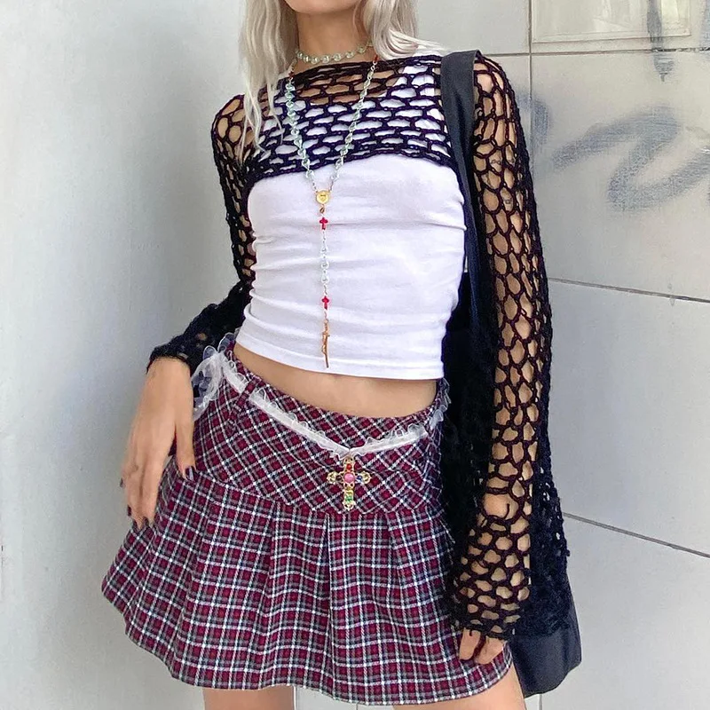 

Dark Academia Knitted Long Sleeve Cover-ups Crop Tops E-girl Crochet Hollow Out Shrug T-shirt 90s Vintage Harajuku Tees Clothes