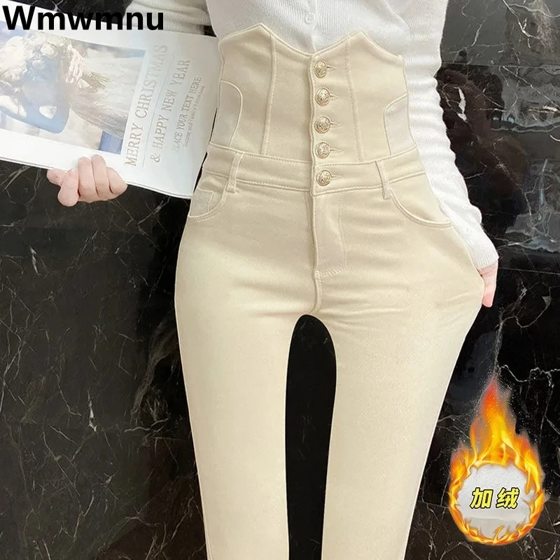 

Утолщенные бархатные джинсы-карандаш с подкладкой, обтягивающие Стрейчевые теплые зимние джинсовые брюки на пуговицах с завышенной талией, дизайнерские женские брюки
