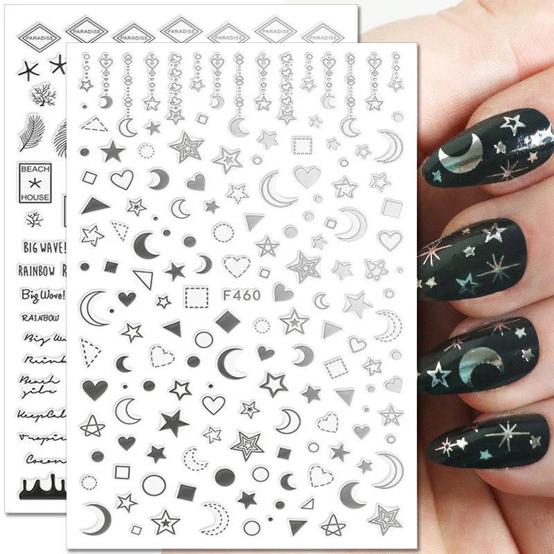 

3D Laser Gold Silver Star Moon Heart Nail Stickers Geometric Design Starry Nail Decals DIY Designs Nail Art Decoration Manicure