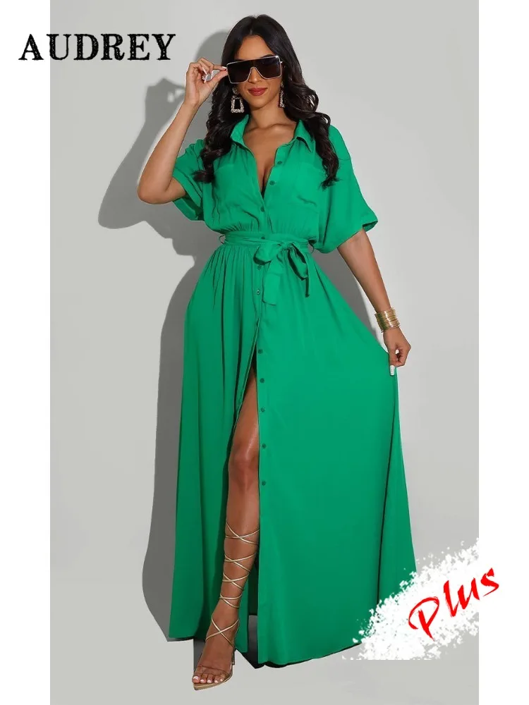 

Plus Size Women Shirt Dresses Solid Half Sleeves Belt Single Breased Vestido Casual Female Maxi Pleated Dress Office Ladies 4XL