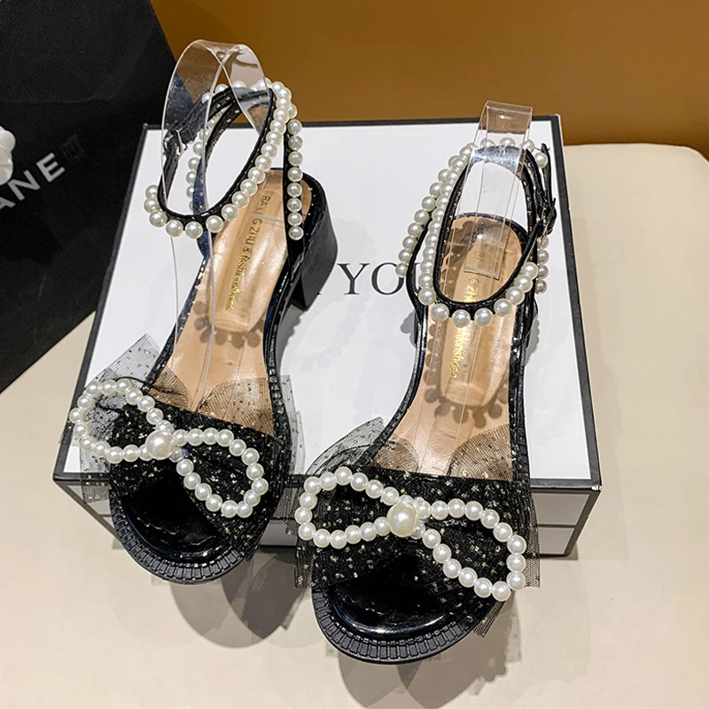 

New Summer Women String Bead Bow Fad Mid Heels Sandals Shoes 2023 Slides Sweet Pumps Shoes Dress Designer Party Mujer Zapatillas