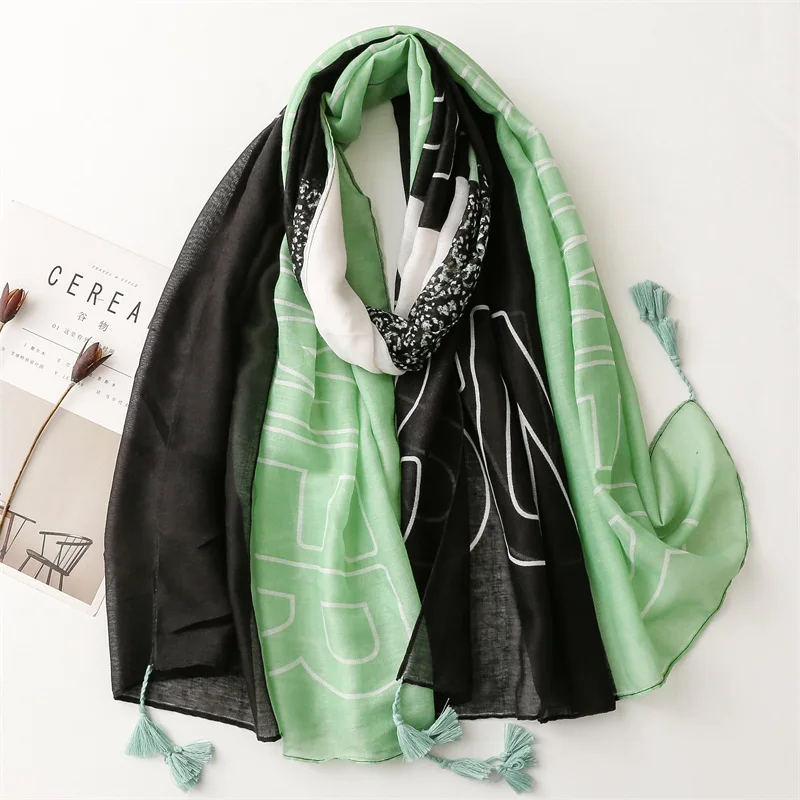

Модный и персонализированный зеленый хлопковый шарф с буквенным принтом Женская дорожная Солнцезащитная шаль из Пашмины Хиджаб с кисточками фуляр бандана