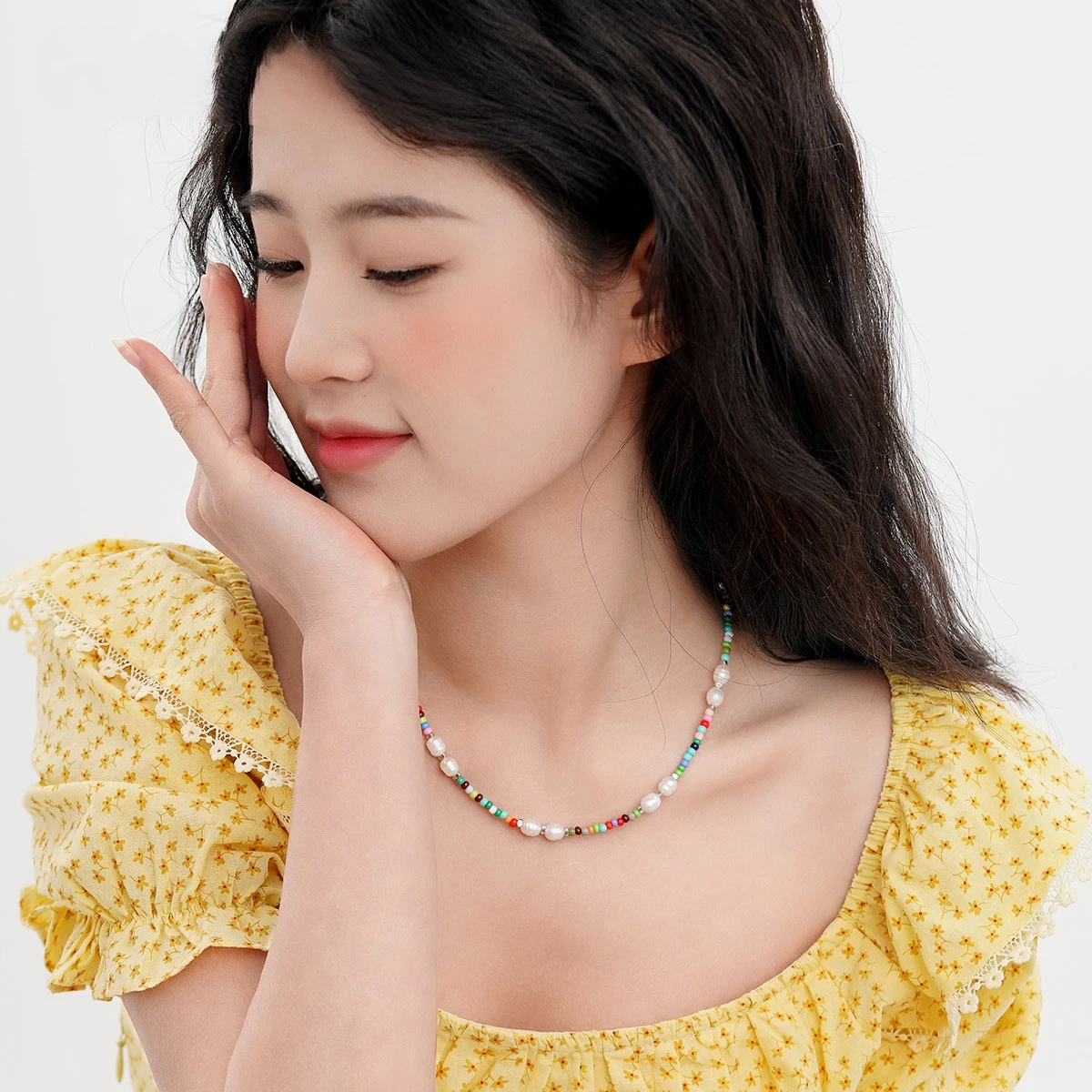 Necklace Summer Vacation Style Female Baroque Freshwater Pearl Stitching Color Beaded Clavicle Chain Twin Necklace