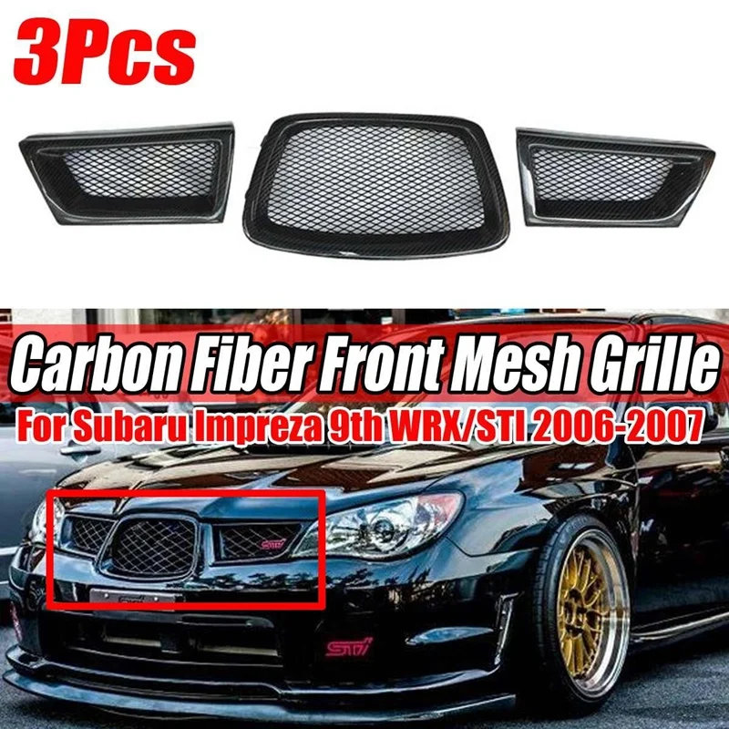 

3Pcs Carbon Fiber Car Front Lower Mesh Grill Grille for Subaru Impreza WRX STi 9Th 2006-2007
