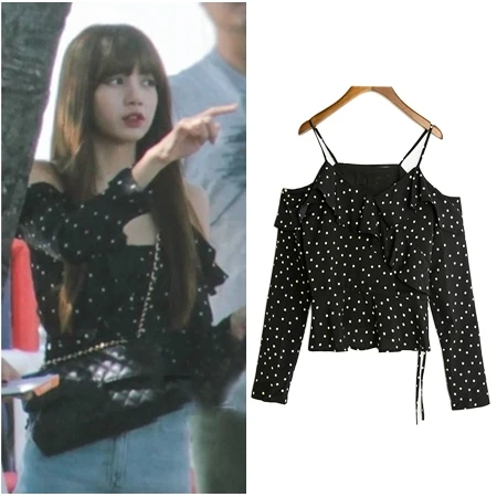 

kpop Korean Celebrity Small fresh Sling chiffon shirt off-shoulder short-sleeved shirt women summer korean kawaii female clothes