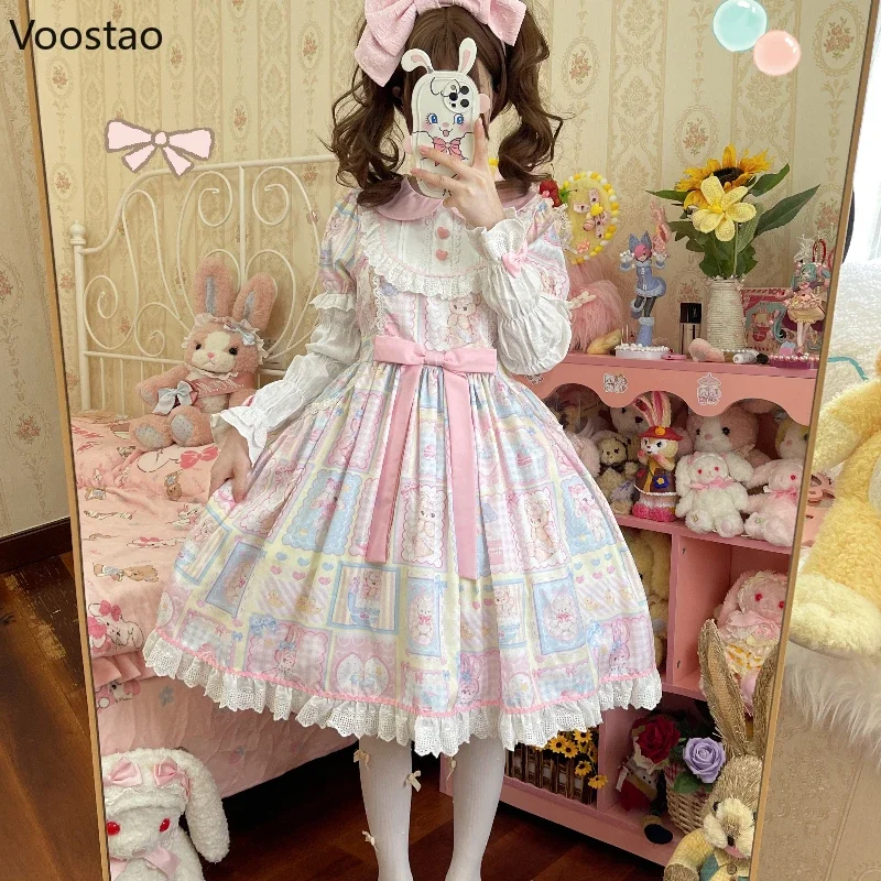 Японское платье в стиле Харадзюку Kawaii Lolita OP женское милое кружевное с рисунком