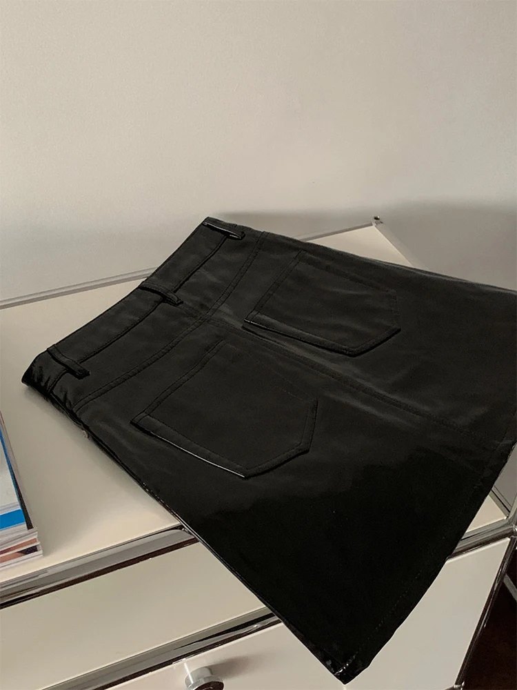 Lautaro Лето Осень Черная Светоотражающая Блестящая Юбка Из Лакированной Кожи