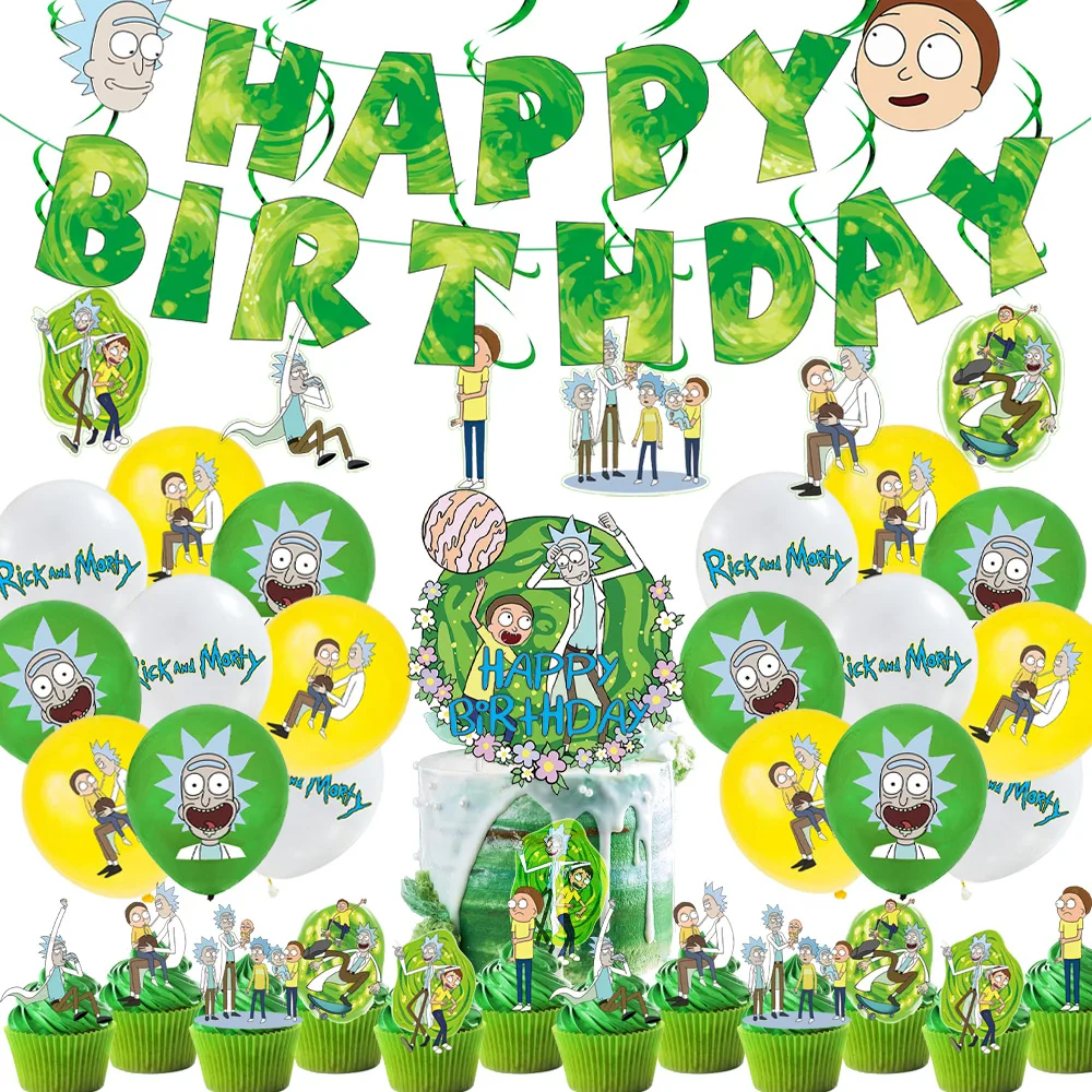 

Rick and morty Theme Birthday Party Supplies Baby Shower Disposable Tableware Sets Disposable Plates Cups Flags