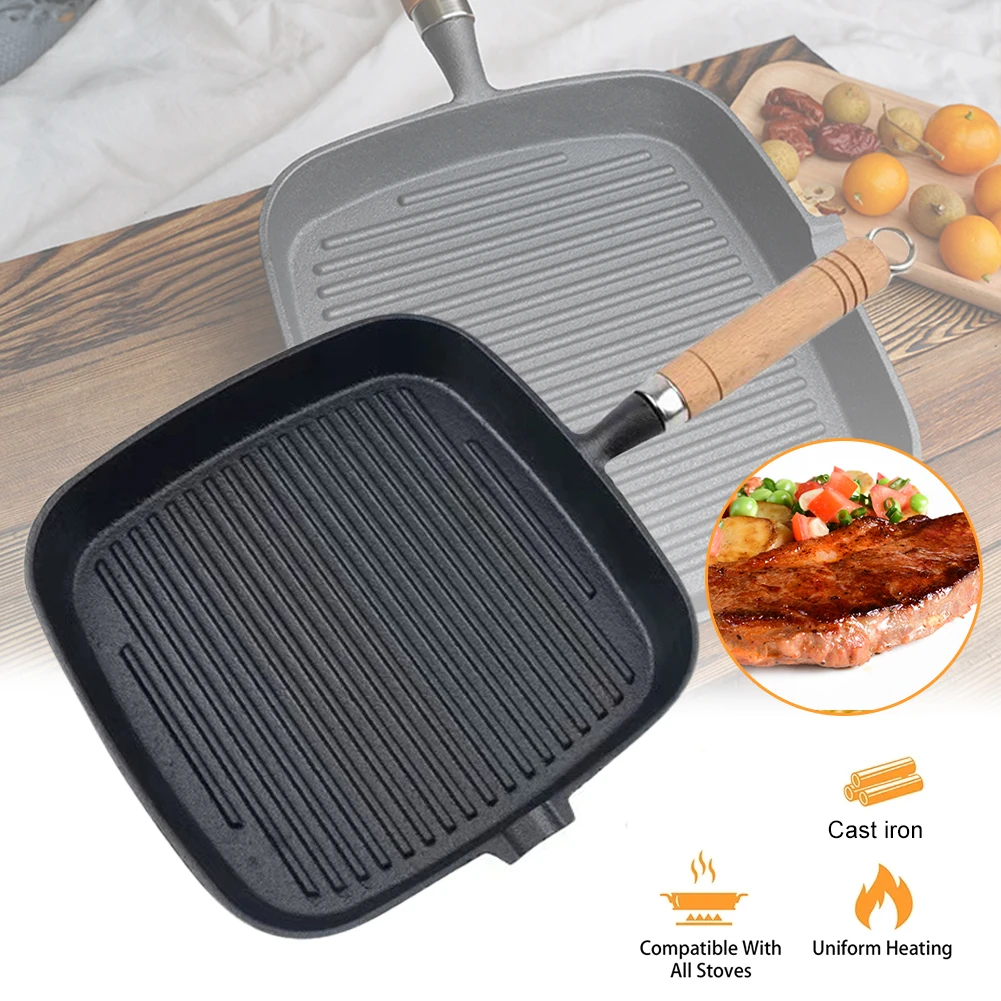 

Nonstick Grill Pan for Stove Top Griddle Pans with Integrated Wooden Handle Frying Pan for Steak Bacon Meat Kitchen Accessories