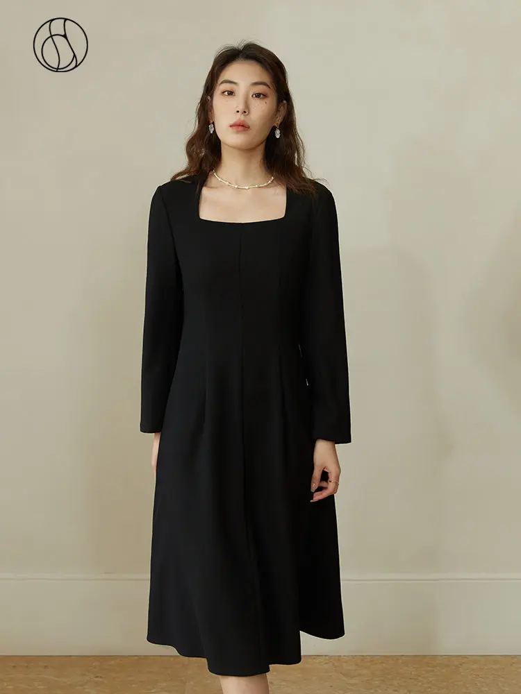 DUSHU Women'S Elegant Square Neck Temperament Dress For Women Spring 2023 New Invisible Shoulder Pad Slim Black Dress For Women