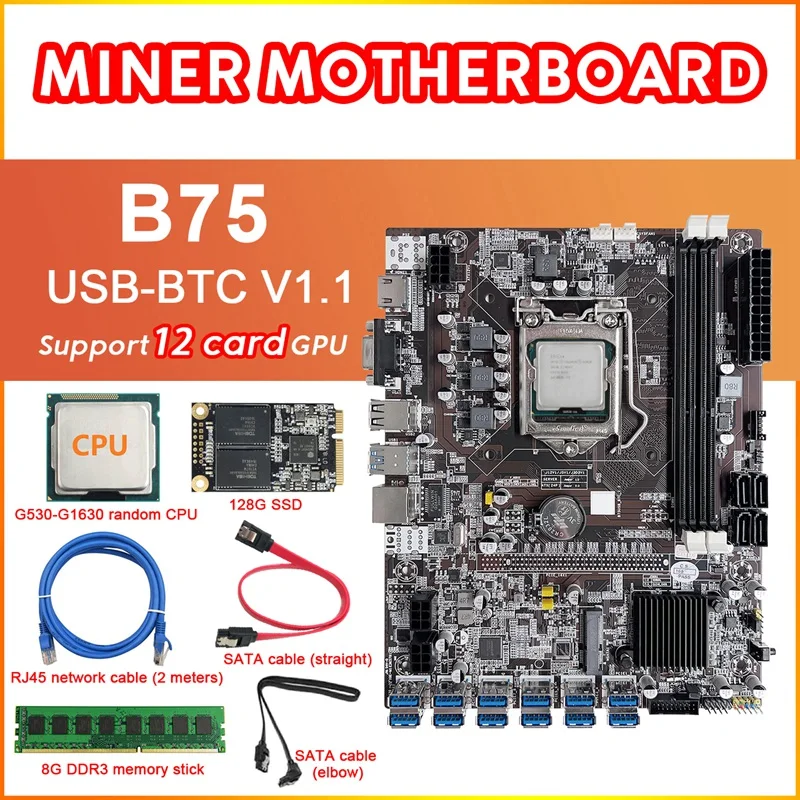 B75 12 Card BTC Mining Motherboard+CPU+8G DDR3 RAM+128G SSD+2XSATA Cable+RJ45 Network Cable 12XUSB3.0 LGA1155 DDR3 MSATA
