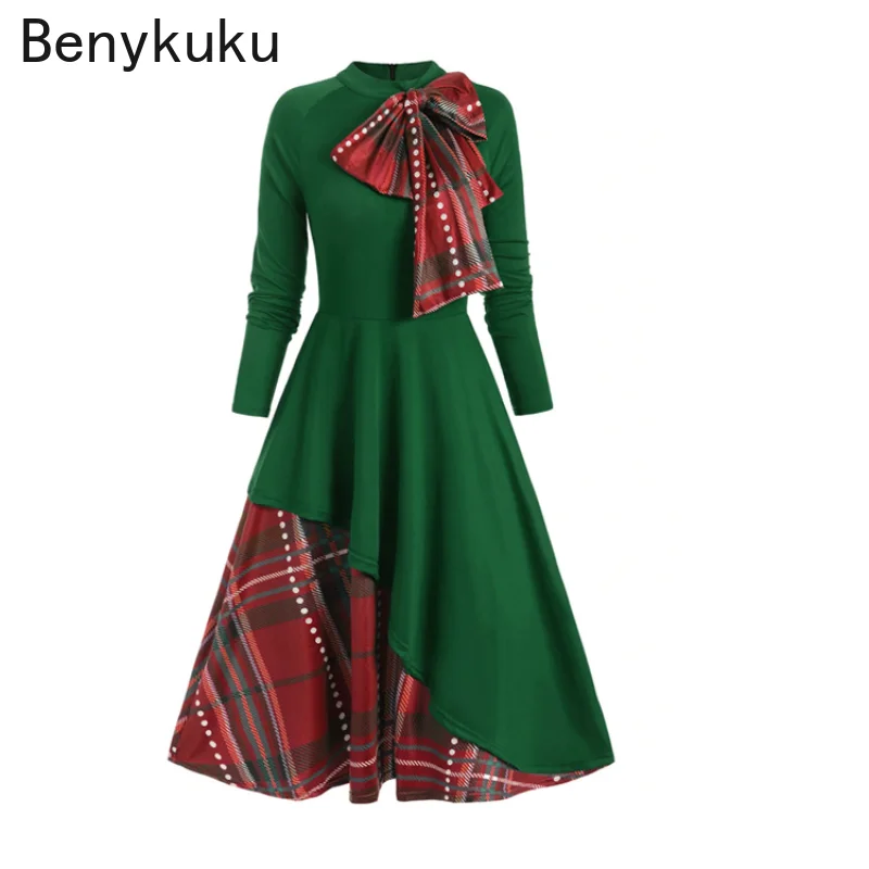 

Plaid Contrast Bowknot Flared Overlay Vintage Dress Elegant Womens Retro Dress Autumn Long Sleeve Casual Women Party Dress 3XL