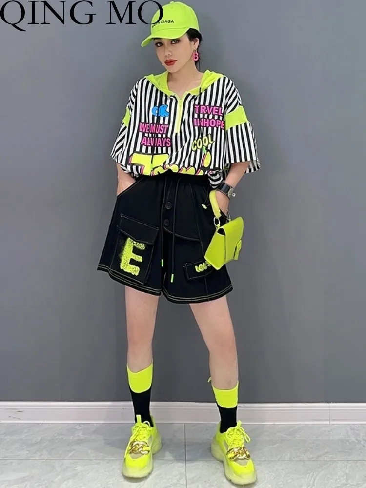 

QING MO 2023 Summer New Korean Hooded Stripe Top + Casual Shorts Two Piece Set Women 2023 Summer New Matching Shorts Set ZXF3101