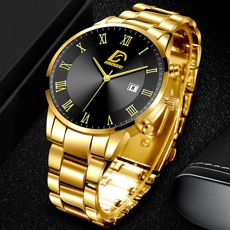 Fashion Gold Stainless Steel Watches Luxury Minimalist Quartz Wrist Watch Men Business Casual Calendar Watch 4