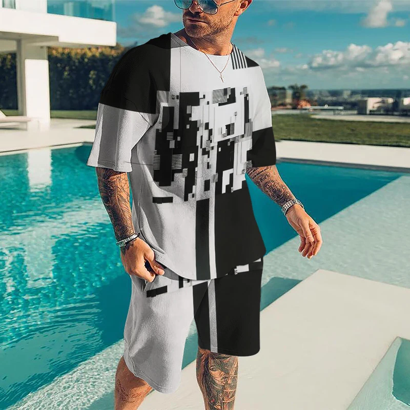 

New Summer Sports Suit Men's 2 Piece T-Shirt + Fashion Print Large Size Trend Casual Comfortable Individual Men's Clothing