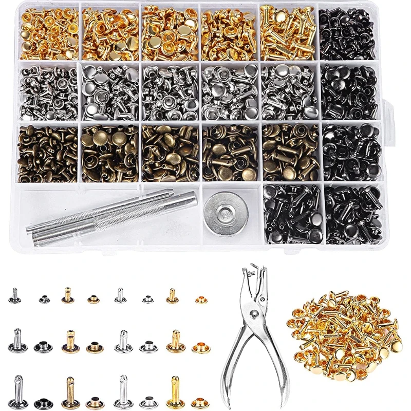 

720 Sets 3 Sizes Double Tubular Metal Stud Earrings with Fixing Tools Punch Pliers Storage Box for DIY Leather Craft 87HA
