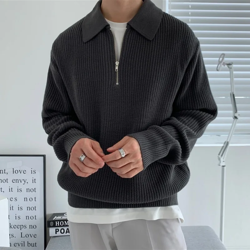 

Модный однотонный вязаный свитер, мужской джемпер с длинным рукавом, топы, осенняя винтажная Дизайнерская одежда на молнии с лацканами, мужская одежда