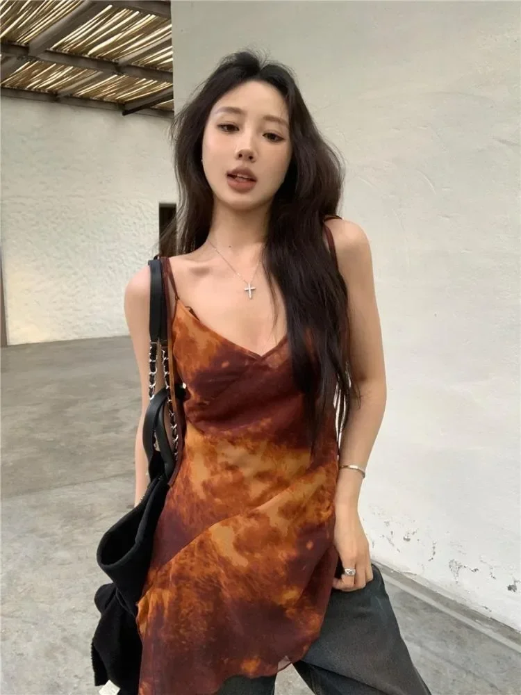 Американский ретро-майка с принтом тай-дай жилет v-образным вырезом для женщин Y2k