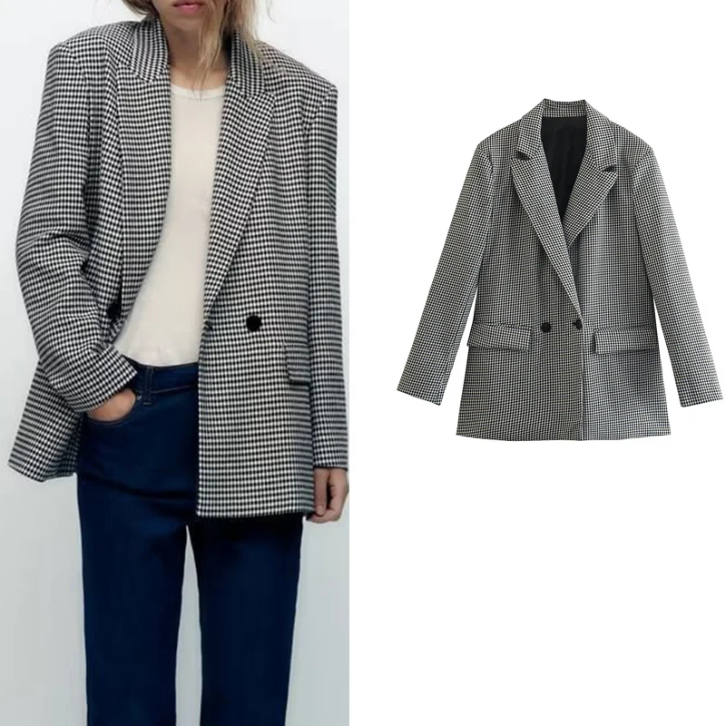 

Autumn Winter 2022 New Houndstooth Lapel Double-Breasted Leisure Suit Jacket Temperament Fashion Commuter Joker Suit Jacket