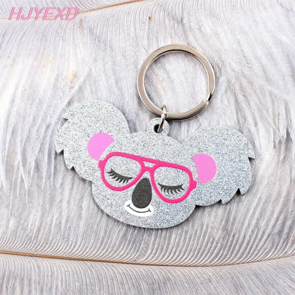 

1piece63mm Acrylic Koala Keychain Silver Glitter Pink Glasses Monagram With Ring 2.5"-KC031