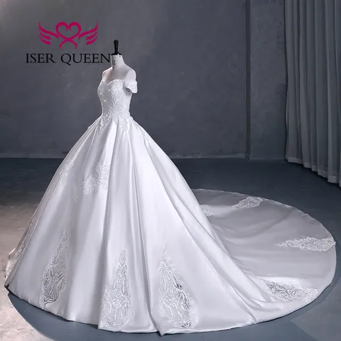 Pears Beaded Lace Appliques Elegant Satin Wedding Dress 2023 Europe New Design A Line Quality Wedding Gown Women Bride WX0294
