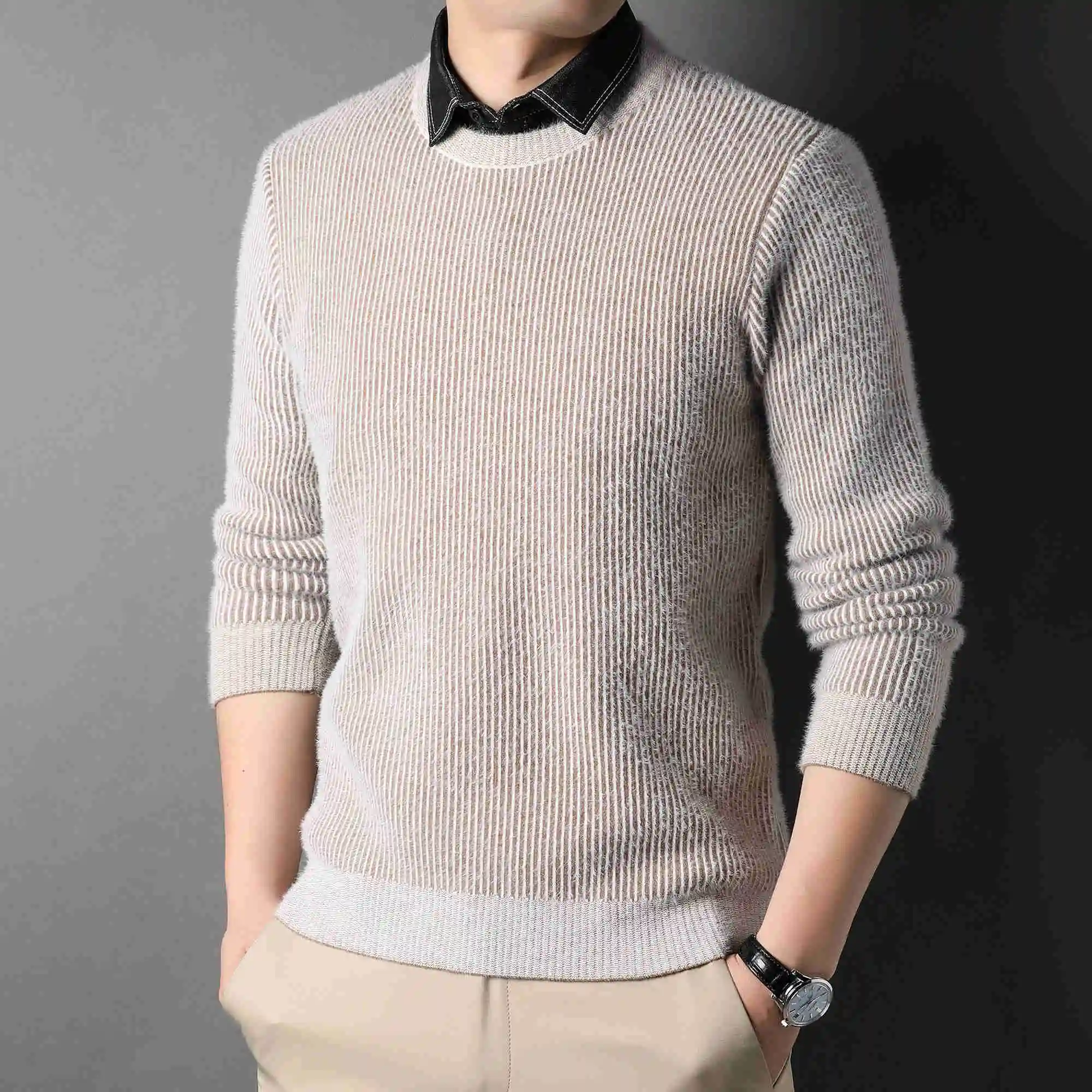 

Pullover Twinset Men Clothing Autumn Winter Thick Warm Chenille Sweater Men Fashion Shirt Collar Two-Piece Dress Z1074