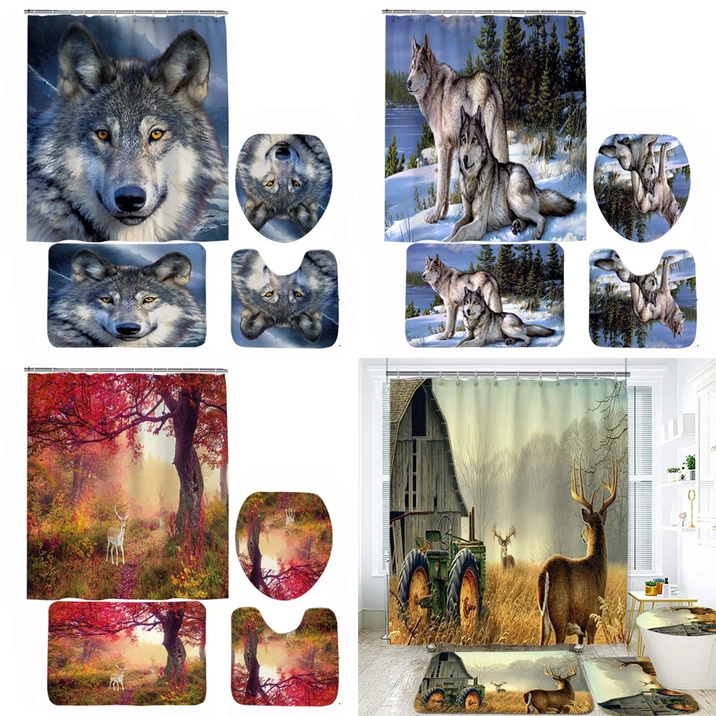 

Wolf Deer Animal Wildlife Shower Curtain Sets Tree Forest Scenery Bathroom Curtains Non-Slip Bath Mat Pedestal Rug Toilet Cover