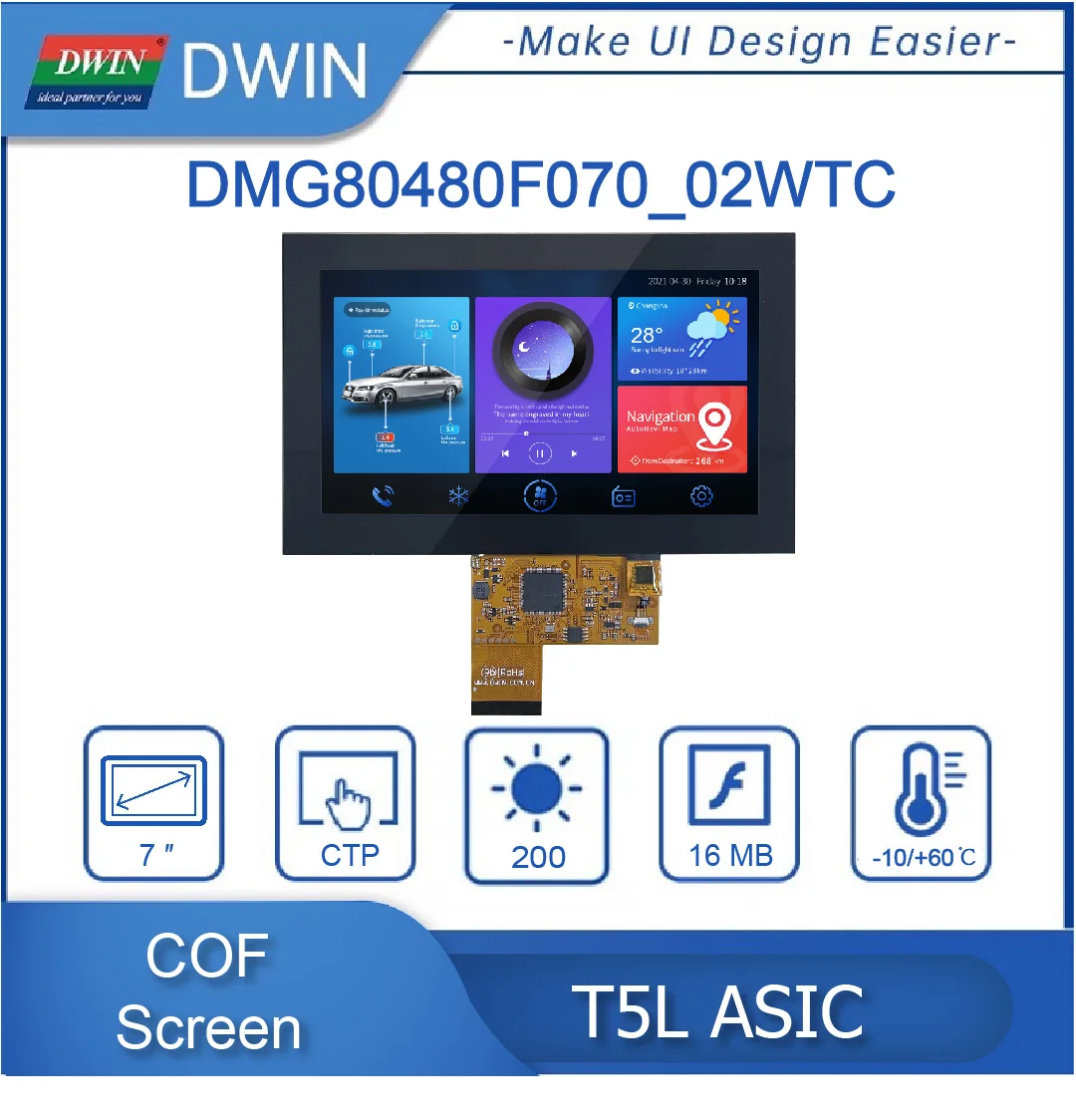 DWIN 7,0 дюйма, разрешение 800*480 пикселей, 262K цвета, TN ,COF структура dmg80480f070 _ 02w