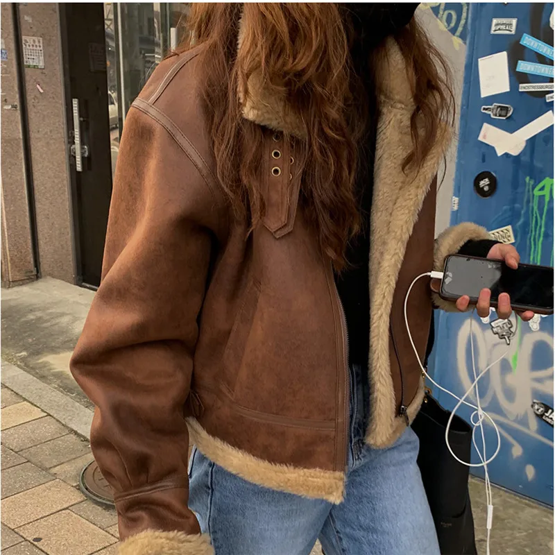 Lamb Fur Coat Deerskin Brown Jacket Women brown tops Winter Fur Integrated Motorcycle Suit Women's Loose Street Retro Jacket