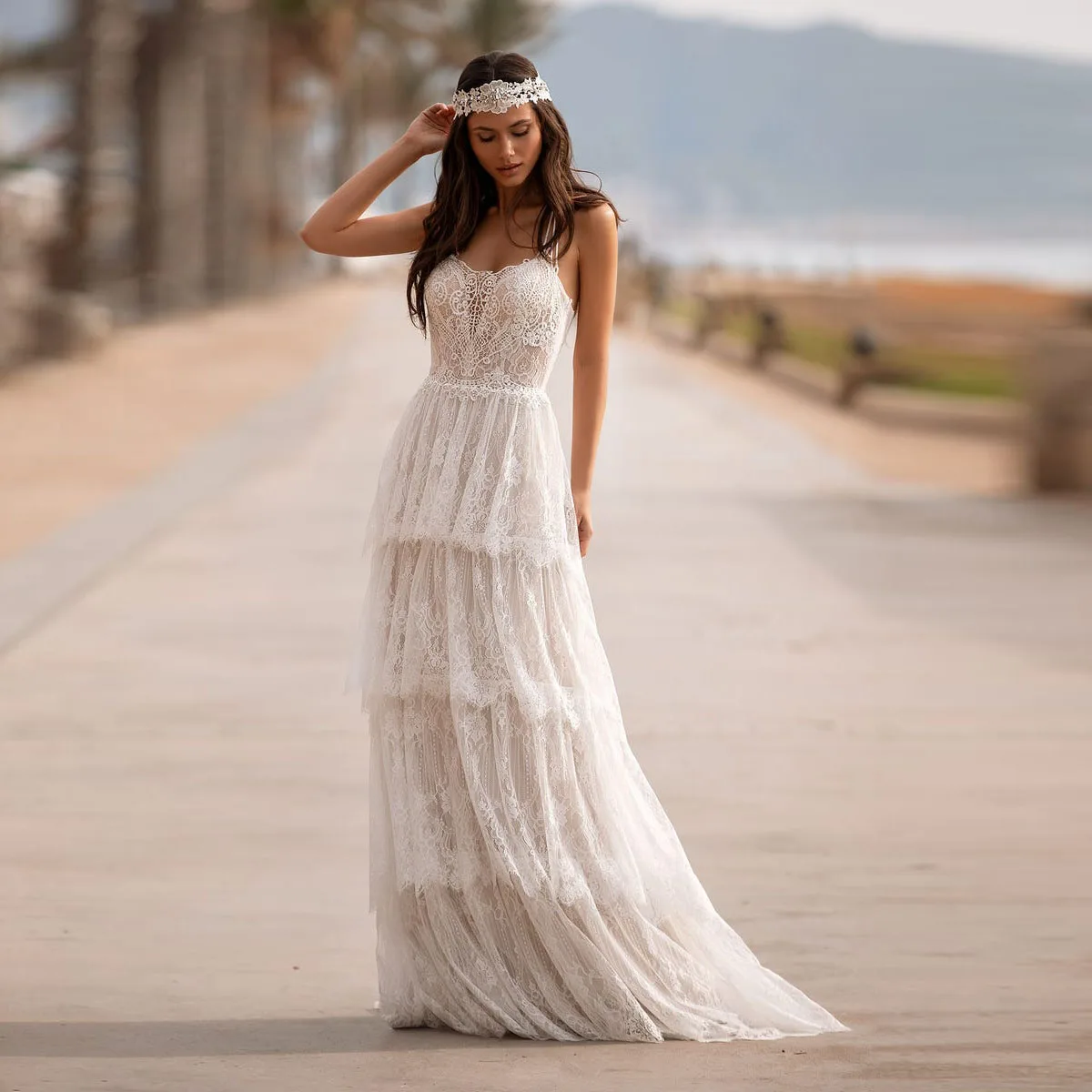 

Chic Bohemian Bridal Dress Lace Tulle vestido de noiva Beige Long Boho Women Bride Dresses Custom Size Sexy Back Floor Length
